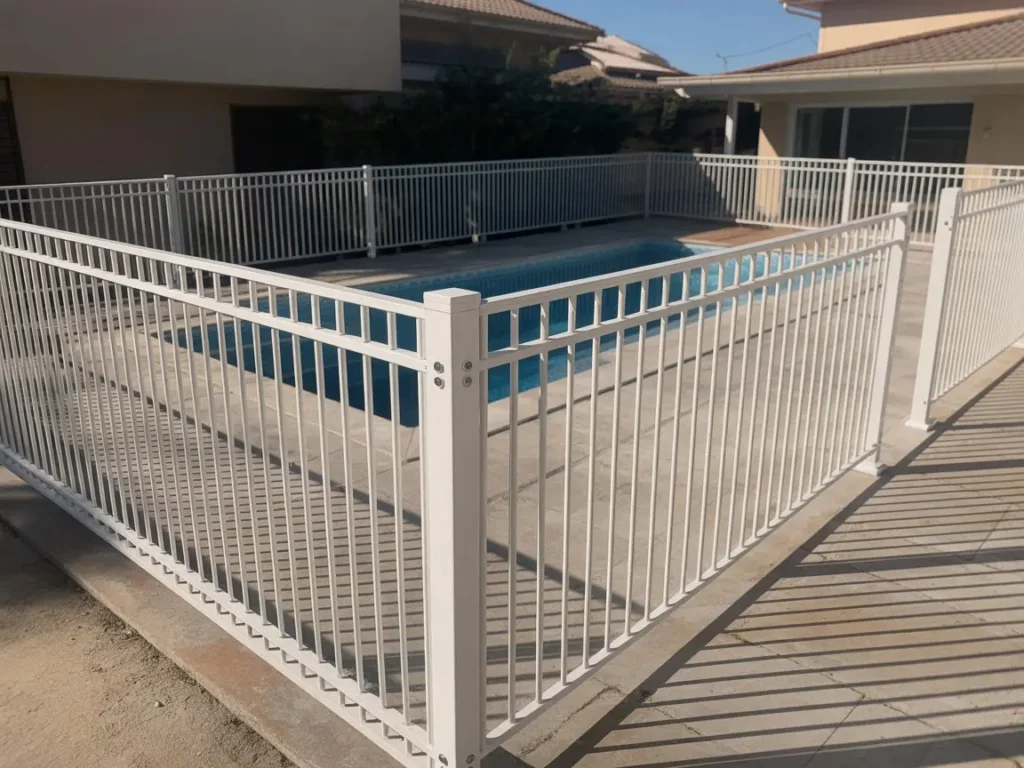 cerramiento-piscina-comunitaria cerramiento metalico blanco rodeando piscina comunitaria en zona residencial con suelo pavimentado