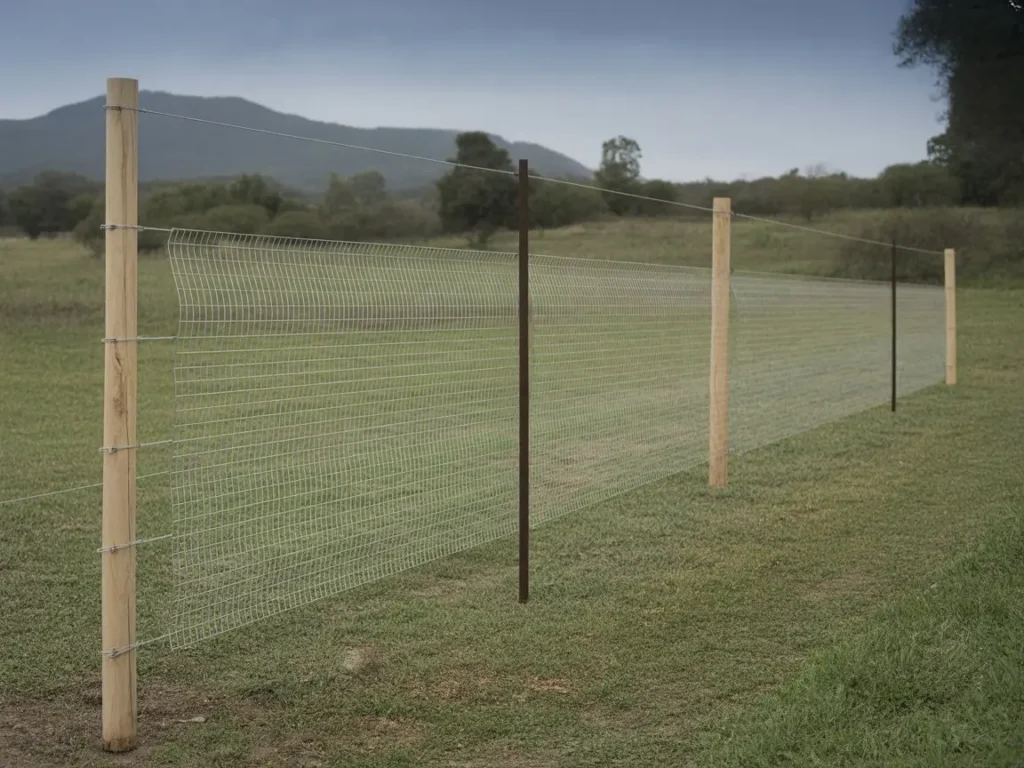 malla-ganadera-para-ganado malla ganadera instalada con postes de madera y metal delimitando terreno para ganado
