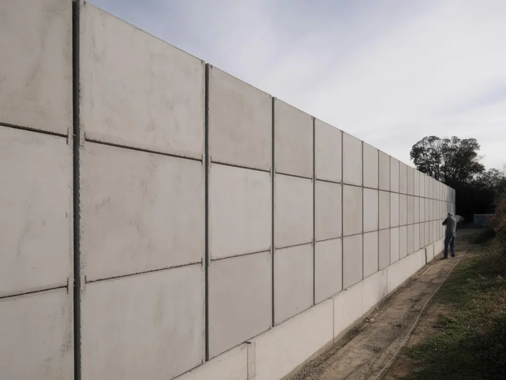 vallado-paneles-hormigon-valencia muro de paneles de hormigon prefabricado instalado como vallado en valencia junto a camino